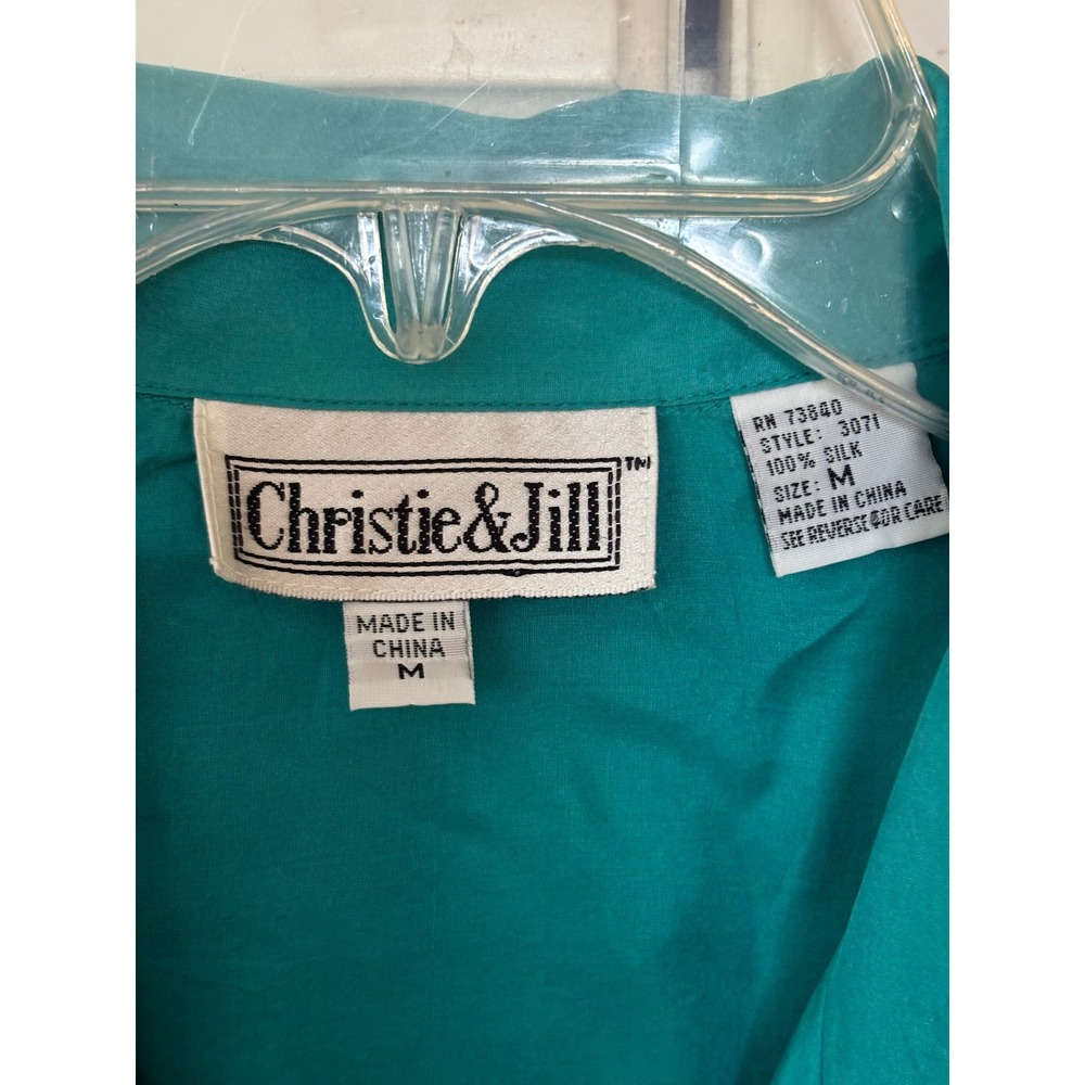 Christie & Jill Vintage 100% Silk Short Sleeve Blouse Teal Green Button Down M - Picture 3 of 5
